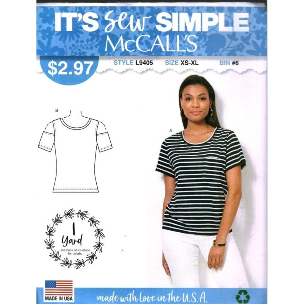 McCalls L9405 Misses Tops Sewing Pattern Cold Shoulder Pocket Tee XS-XL 1 Yard